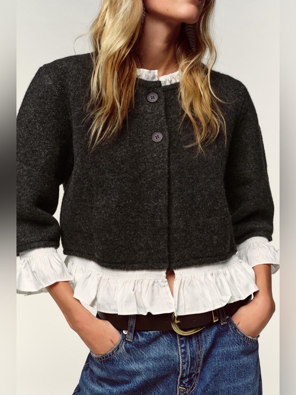Stunning Caroline Constas Charcoal Cardigan with Buttons and Ruffle Trim!